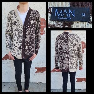 MEDIUM men Boohoo Man Brown Paisley Spliced Sweater Button Knit Cardigan